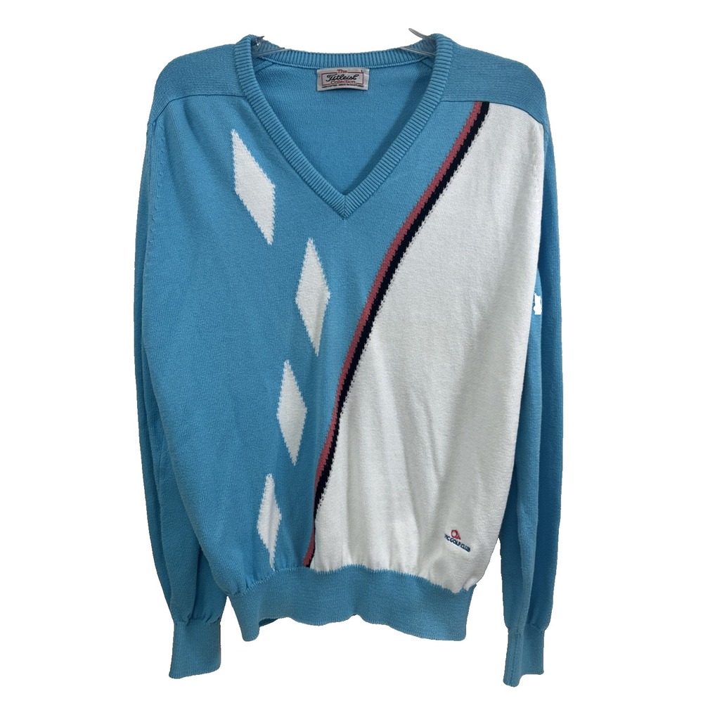 VTG Titleist Collection Golf Sweater Men's L Scotland Blue White Argyle V-Neck